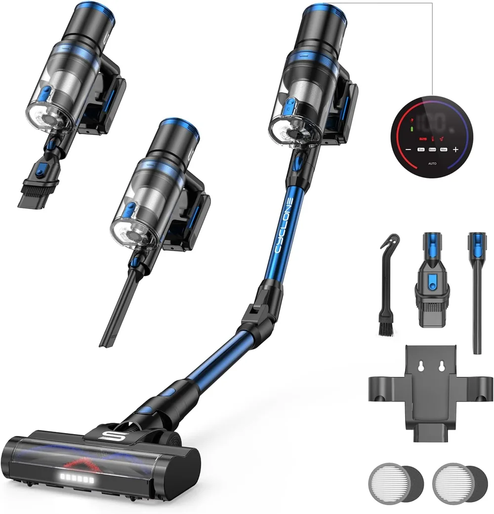 Aspiradora Vistefly V12 Flex con sus accesorios y soporte de pared