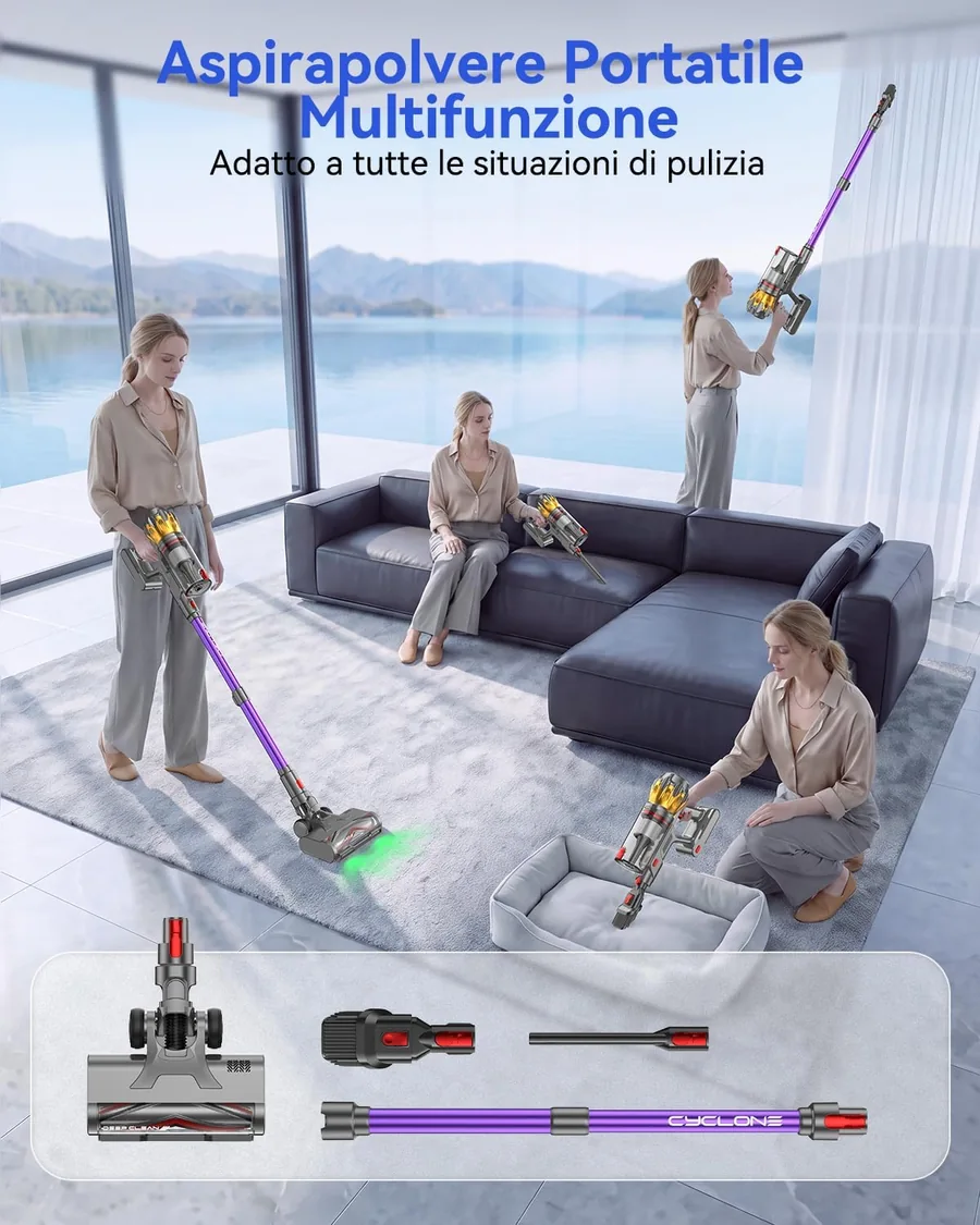 Il Vistefly V16 usato come aspirapolvere portatile con i suoi accessori